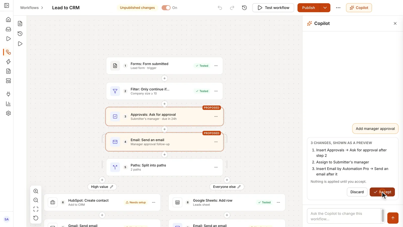 The Automation Pro workflow canvas with the AI Copilot panel open, proposing two new steps for the user to accept or discard.