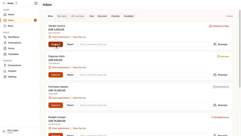 Automation Pro inbox showing requests awaiting approval.