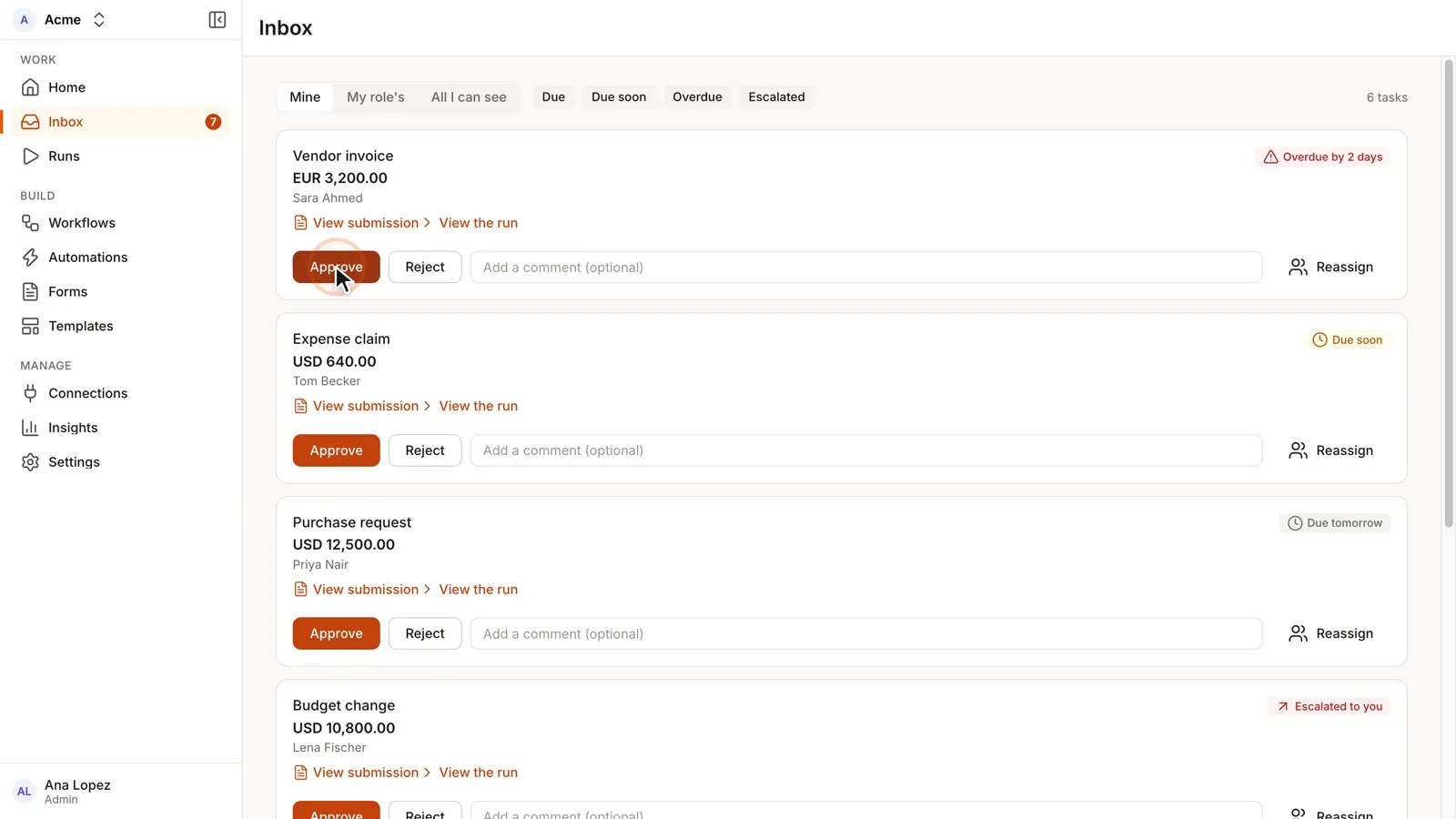 The approvals inbox in Automation Pro: requests waiting on the approver, each with Approve, Reject and Reassign.