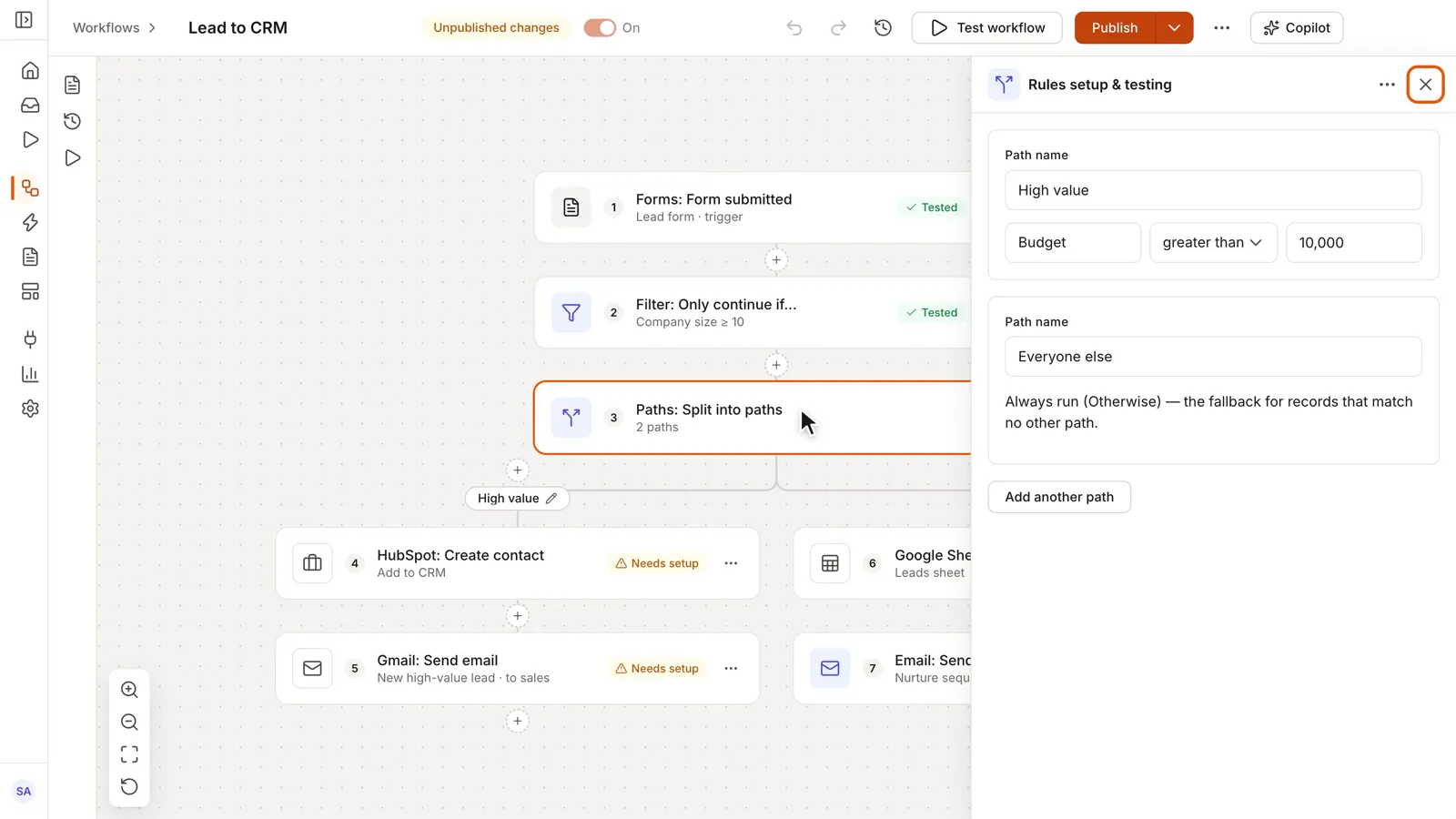 A workflow with a trigger, a filter and paths.
