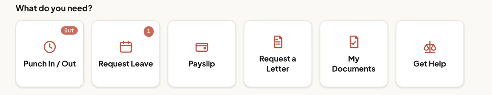 The self-service screen with tiles for punch in and out, leave, payslip, letter, documents and help