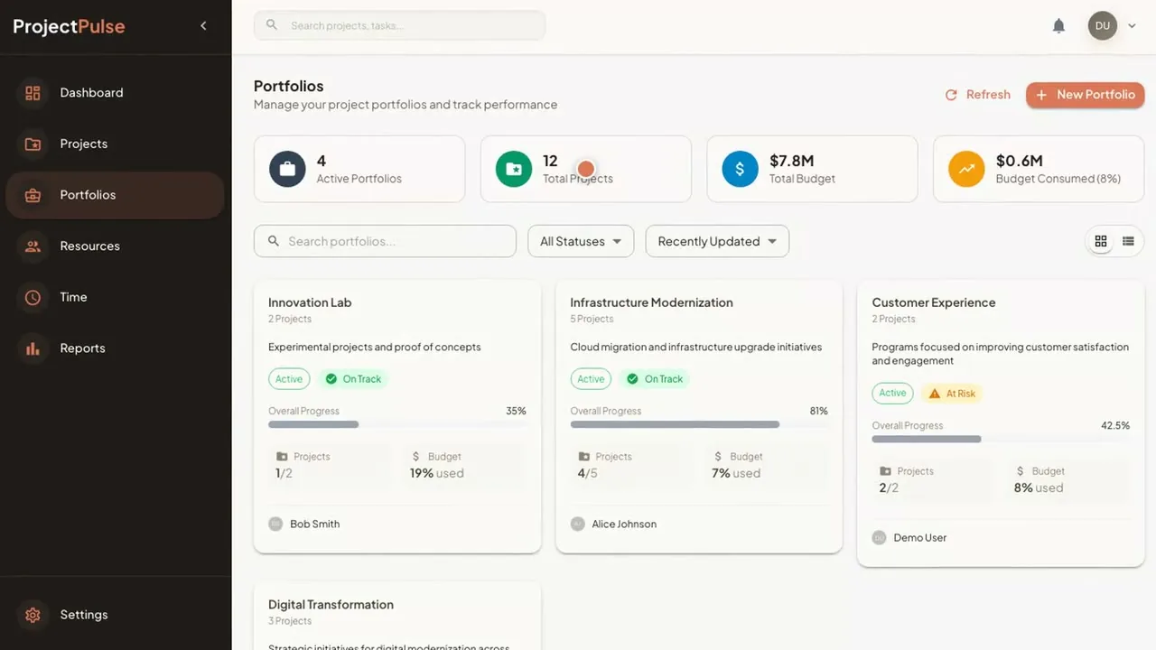 Project & Portfolio Management screen from the product demo.