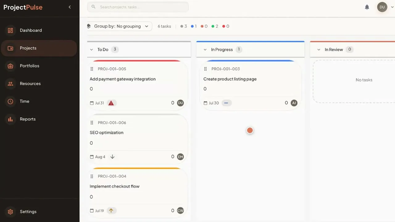 The Kanban board with To Do, In Progress and In Review columns