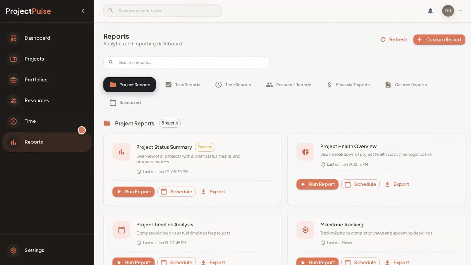 ProjectPulse Reports screen listing project reports such as Project Status Summary, Project Health Overview, Project Timeline Analysis and Milestone Tracking, each with Run Report, Schedule and Export buttons. Demo data.
