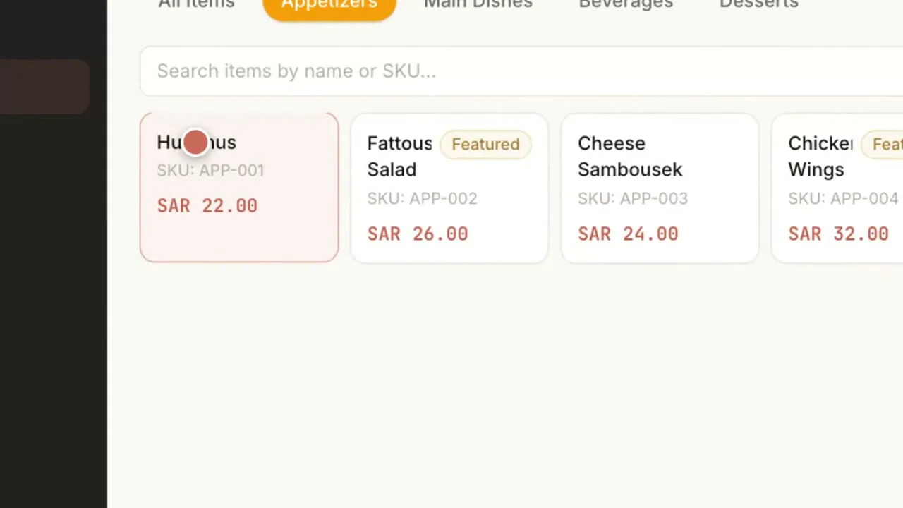 The point of sale with category tabs and item cards, from the demo