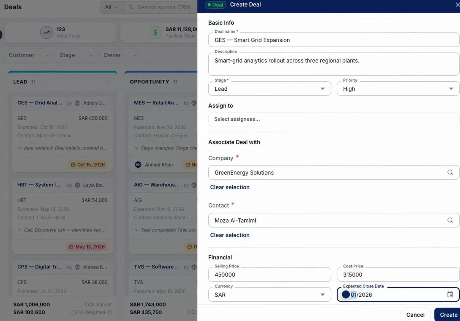 Sales Pro Create Deal form with stage set to Lead, priority, assignee, company, contact and price fields. Demo data.