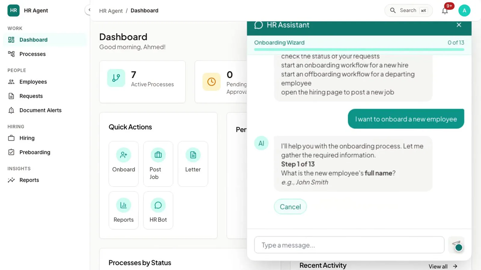 The HR Agent dashboard with Quick Actions such as Post Job, and the HR Assistant chat beside them.