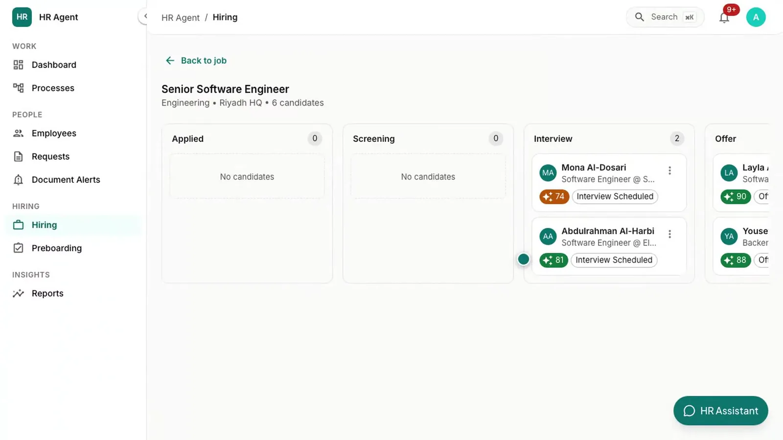 The Hiring screen in HR Agent: a Senior Software Engineer role with candidates in Screening, Interview and Offer, each with a score, and a menu to move a candidate to the next stage.