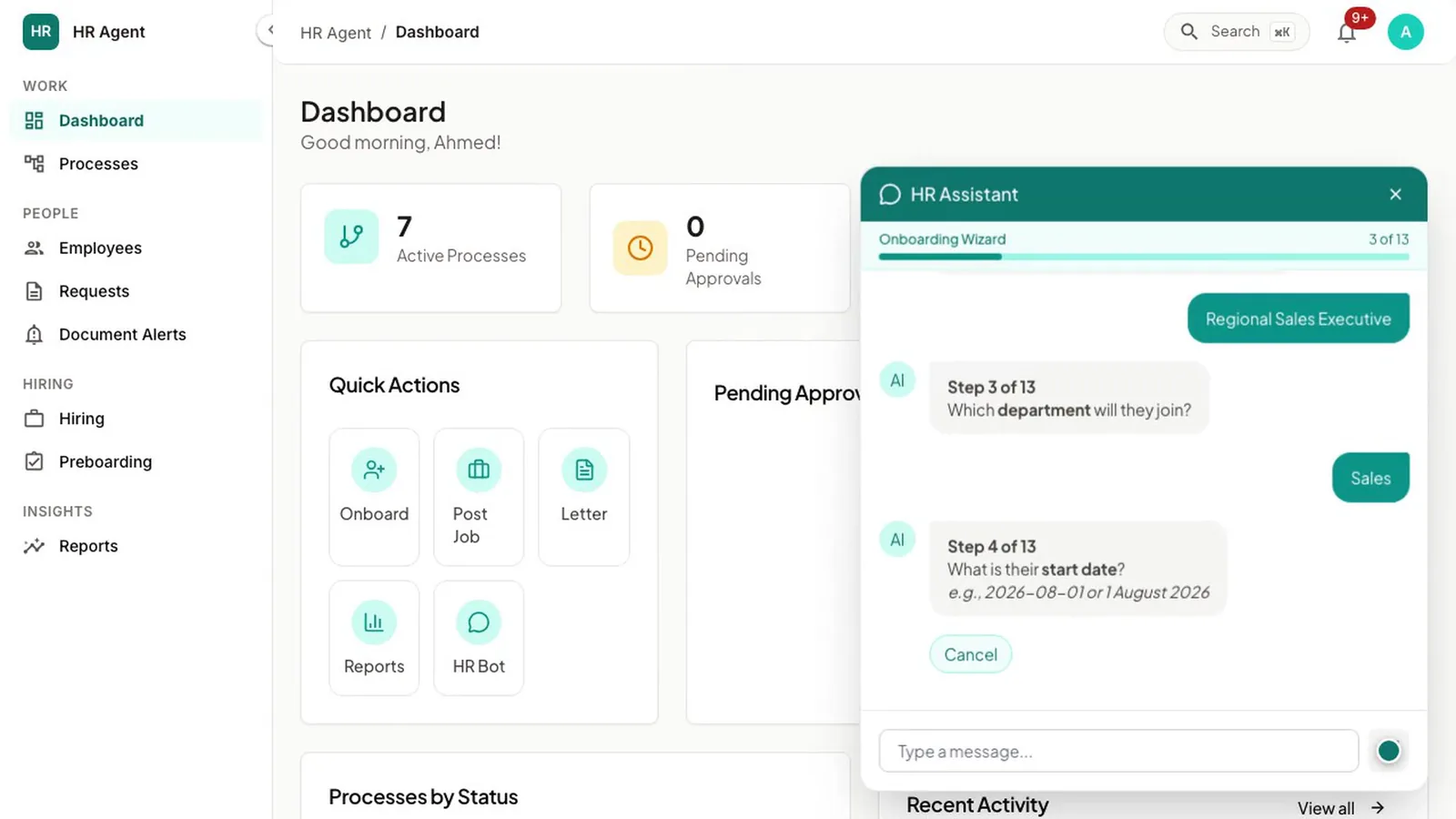 The HR Assistant chat in HR Agent running the onboarding steps, asking for details such as the department and the start date.