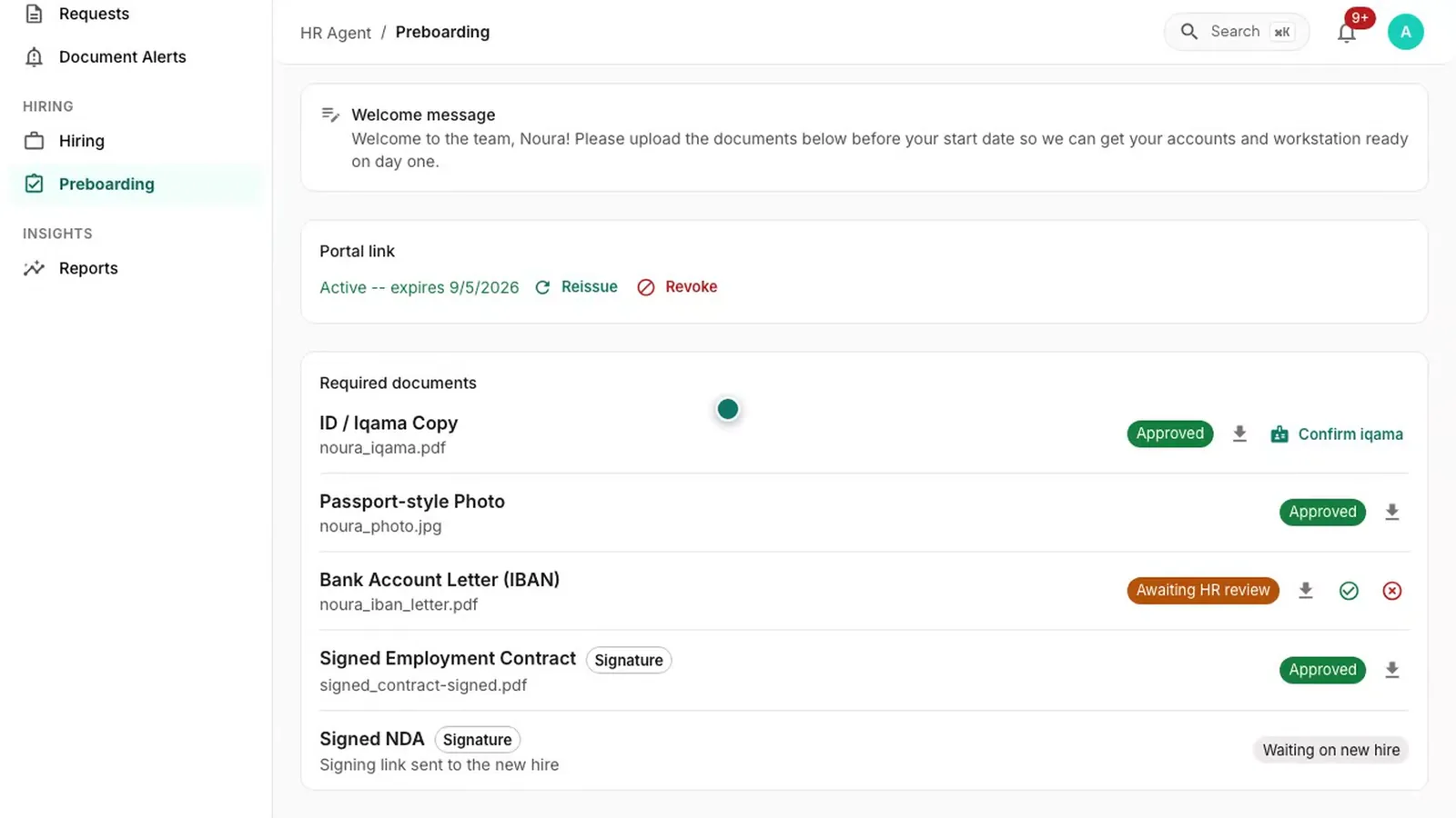 The Preboarding screen in HR Agent listing the requested documents and signed letters, each with its status.
