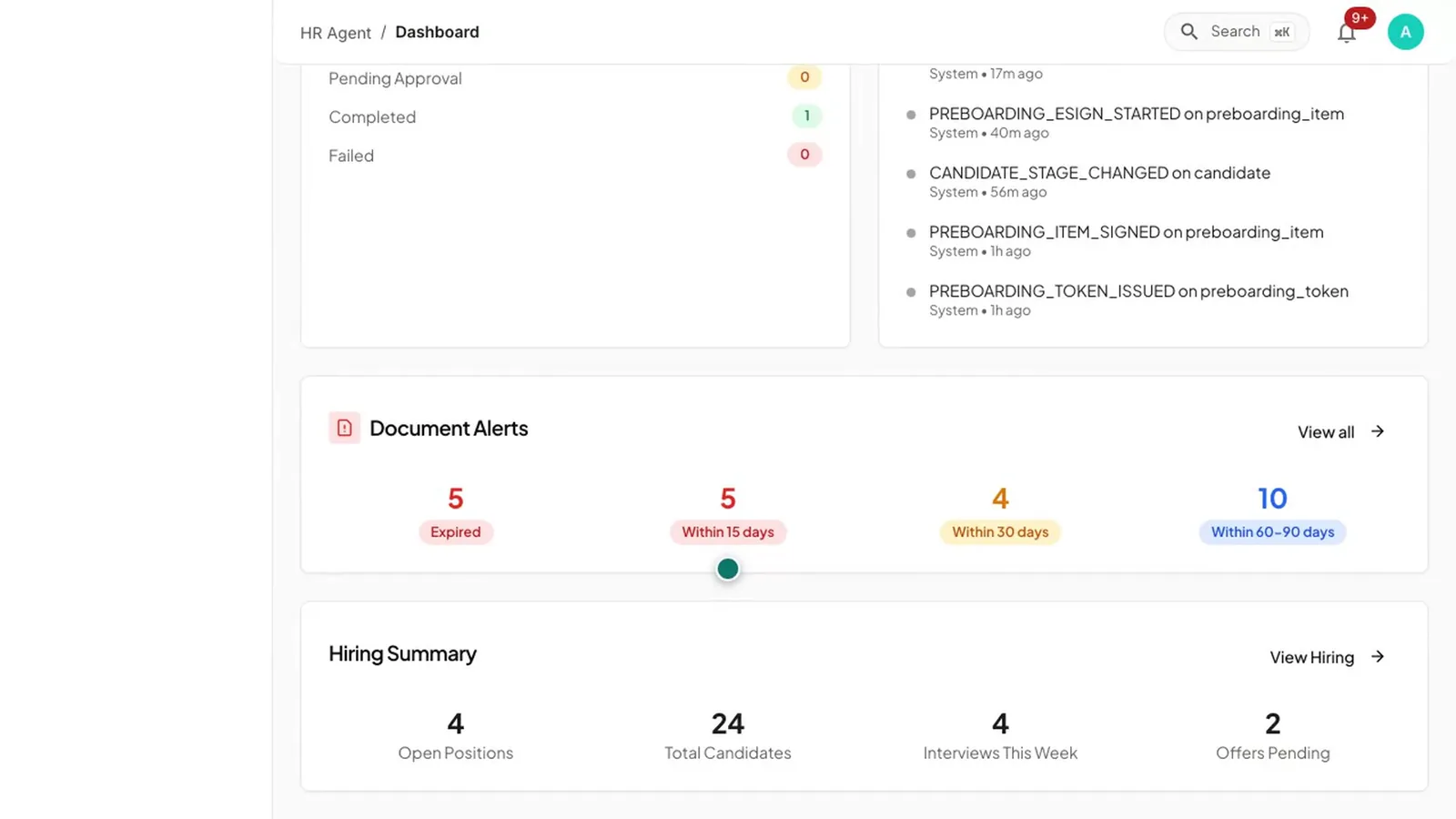 The Document Alerts panel in HR Agent, listing documents that are about to expire.