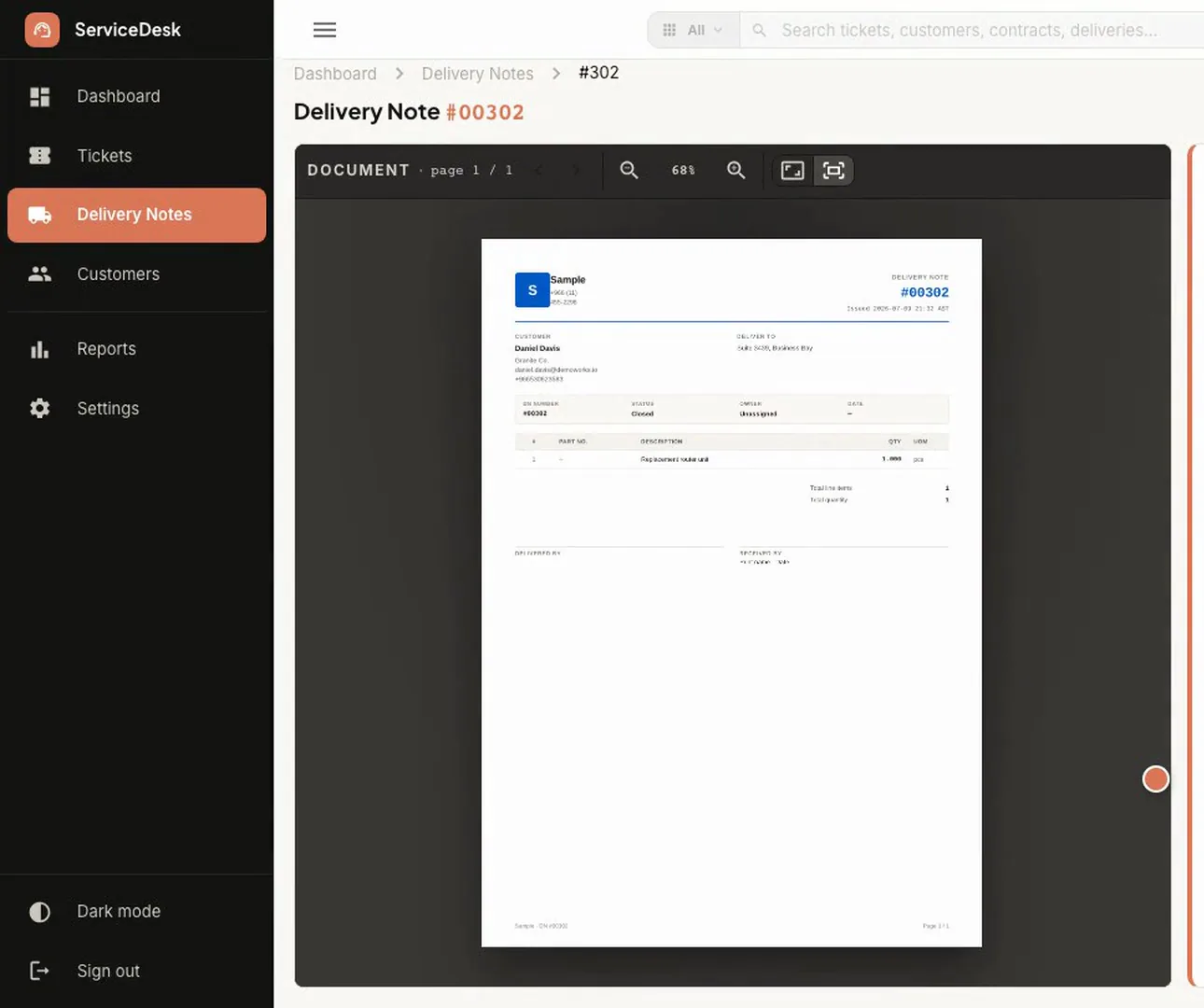 A delivery note in ServiceDeskPro marked Closed, with the signed document on the left and a message that the delivery note is closed and the creator notified.