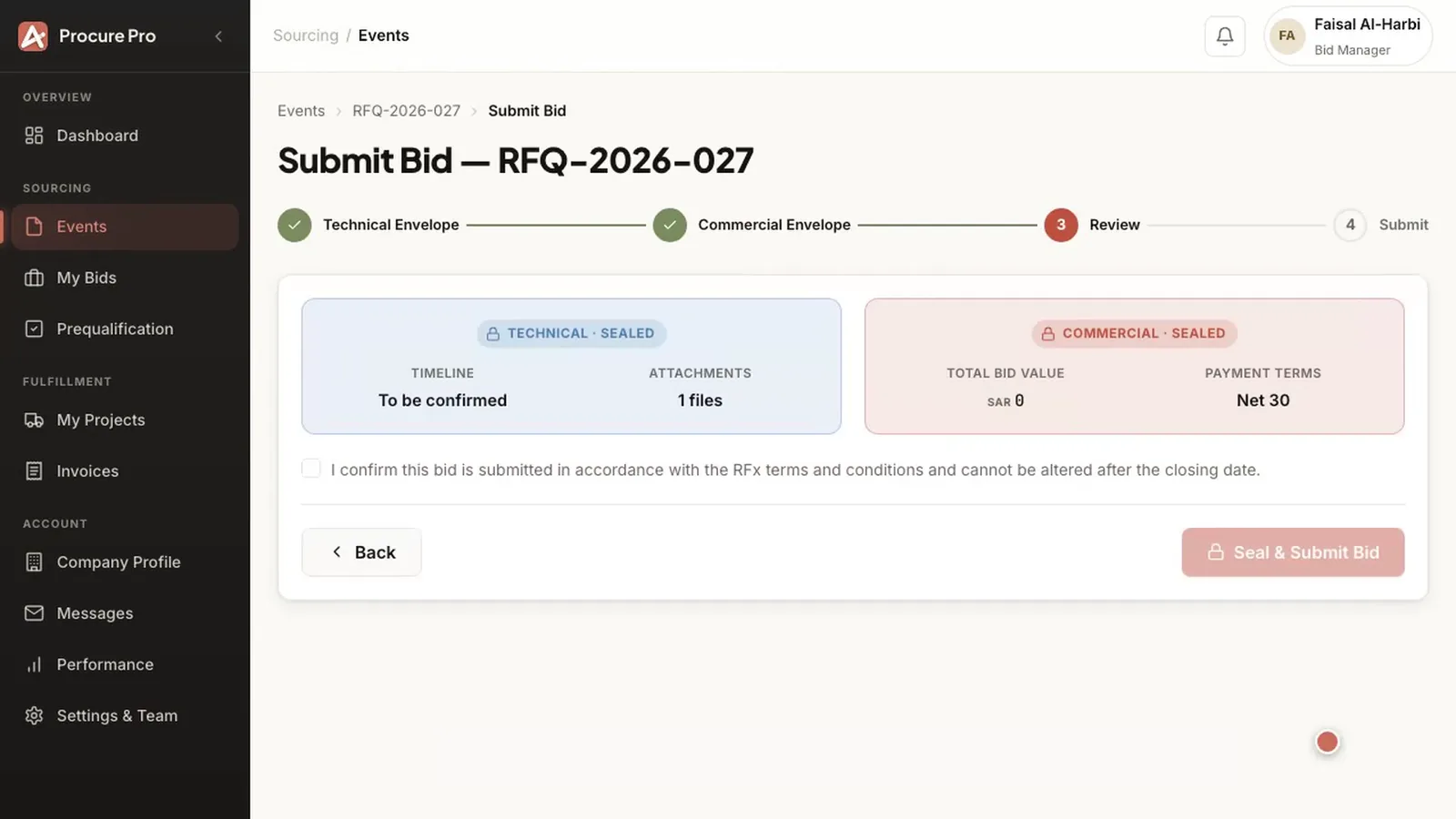A bid in Procurement Pro showing its technical and commercial envelopes.