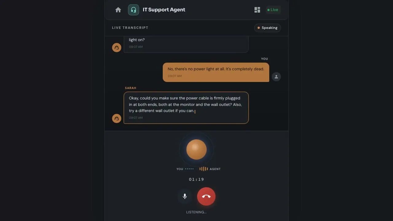 The AI Voice Agent live call screen, with the caller and agent transcript building line by line